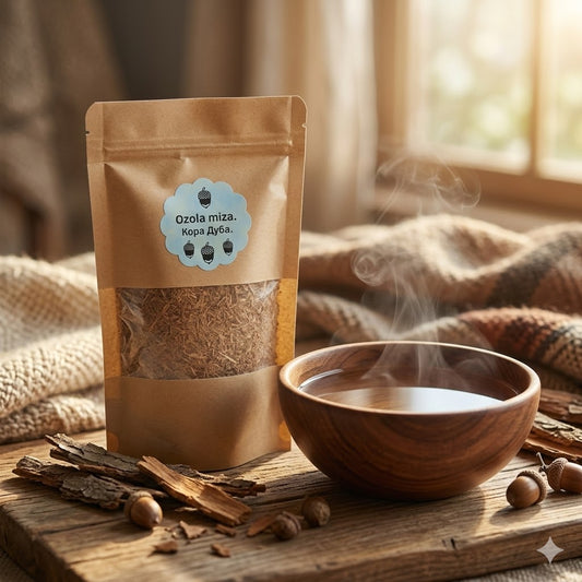 Ozola mizas pulveris iepakojumā blakus koka bļodiņai ar siltu ūdeni un ozolzīlēm saules apspīdētā istabā.