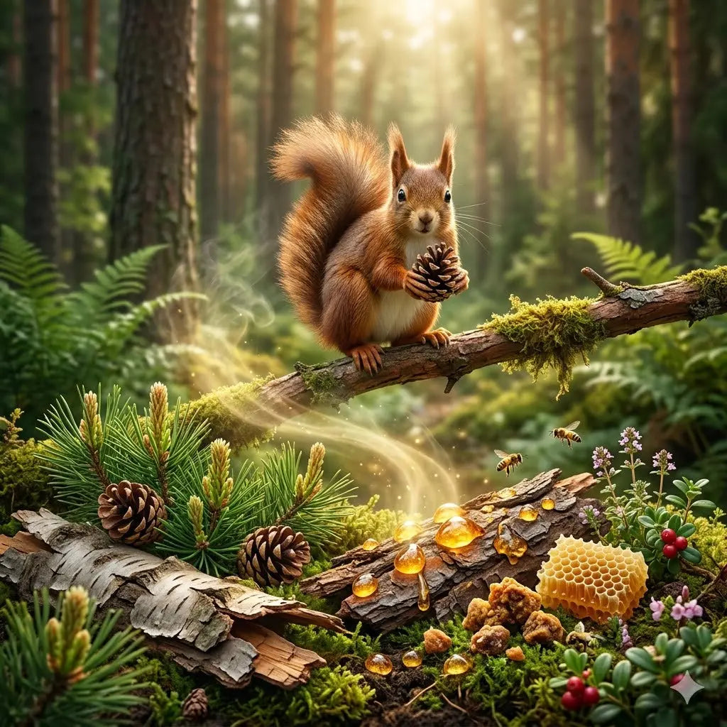 Meža aptieciņas dabas līdzekļi imunitātei un veselībai – priežu čiekuri, sveķi un propoliss saulainā mežā.