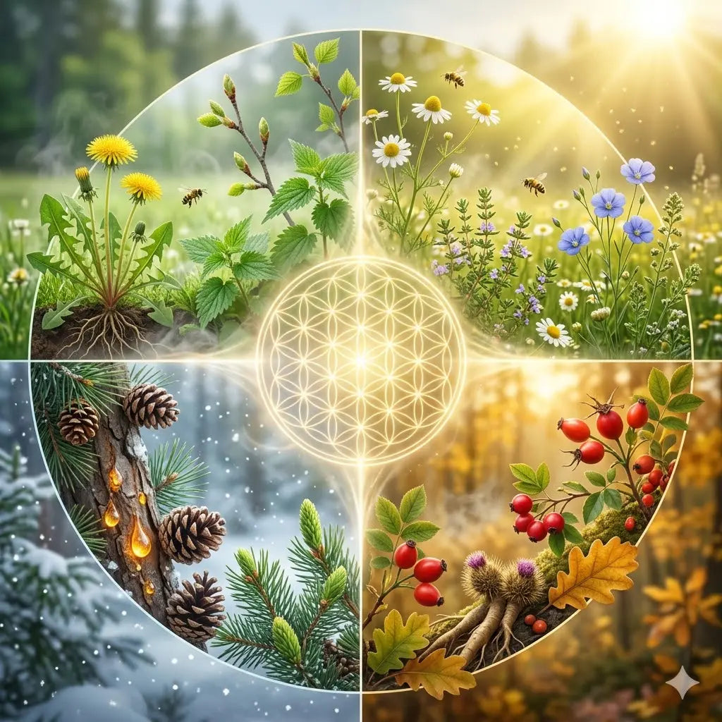 Sezonāli dabas produkti un ārstniecības augi četriem gadalaikiem – pavasarim, vasarai, rudenim un ziemai.