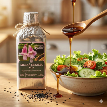 Tumšā melnā sezama eļļa no koka karotes tiek lēni lieta pār svaigiem zaļajiem dārzeņu salātiem saules apspīdētā koka bļodā.