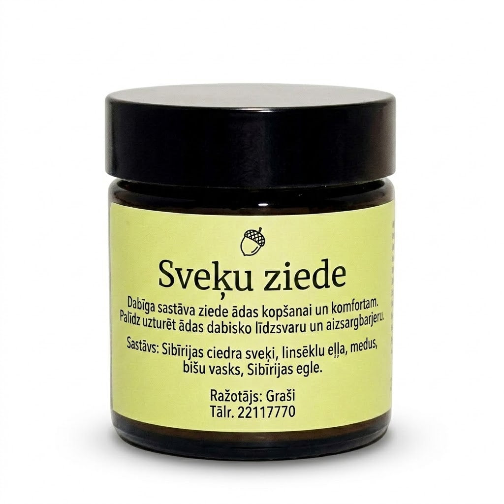 Sveķu ziede tumša stikla burciņā ar dzeltenzaļu etiķeti uz tīra balta fona. Uz etiķetes redzams zīles simbols un dabīgo sastāvdaļu apraksts.