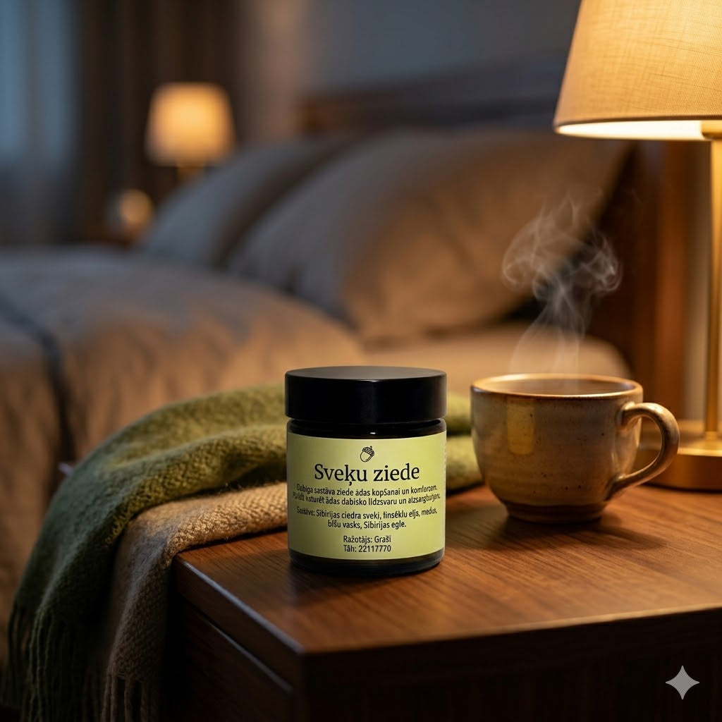 Sveķu ziedes burciņa stāv uz koka naktsskapīša siltā lampas gaismā blakus kūpošai tējas krūzei un mīkstai vilnas šallei, radot nomierinošu un sildošu noskaņu.